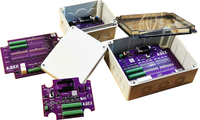 Overview of the Filcon dust filter controller family (CDC, CAC, EDC), displaying industrial enclosures and internal board designs.
