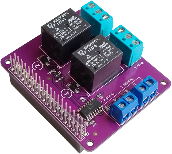 Close-up view of the PIOHAT Raspberry Pi IO HAT with relays