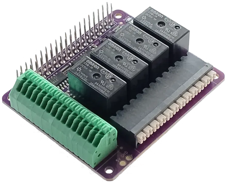 Close-up view of the qPIO Raspberry Pi IO HAT with 8 isolated input and 4 relay output.