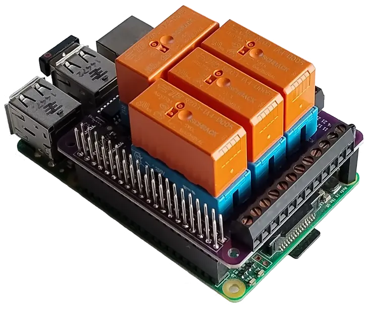 qRecon Flex Relay HAT with replaceable relays mounted securely onto a Raspberry Pi board.