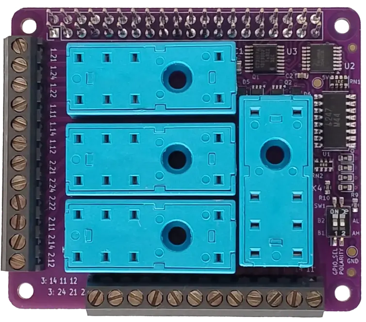 qRecon Flex Relay HAT top view, showing 4 user-replaceable relay sockets and terminal blocks.