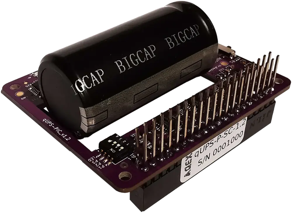 Close-up view of the qUPS-P-SC Raspberry Pi UPS HAT with a large supercapacitor