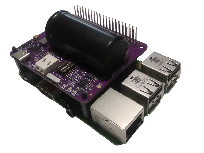 qUPS-P-SC Raspberry Pi UPS HAT with large supercapacitor shown mounted on a Pi.