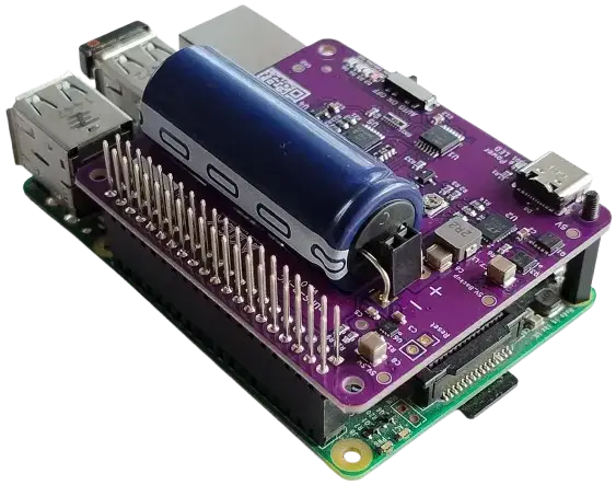 Close-up view of the Stubborn Balance Lite Raspberry Pi UPS HAT with a large hybrid Supercapacitor